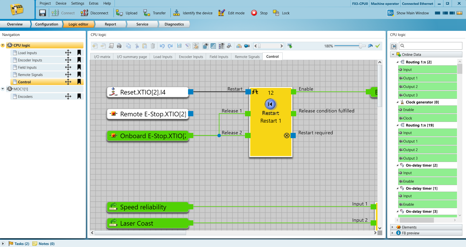 Control tab showing modified Restart block connections