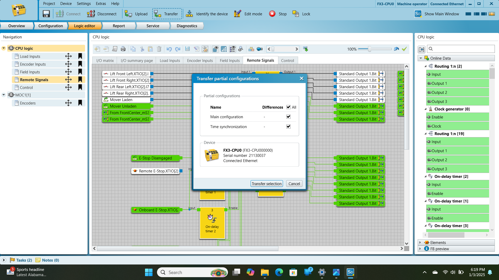 Transfer partial configurations dialog